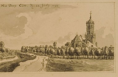 <p>Tekening van Jan de Beijer van de Grote Kerk in Elst uit 1744. Het dak ligt aan de torenzijde deels open. Dit werpt de vraag op of de kerk ruim 40 jaar na de brand nog niet volledig hersteld is, of dat het hier gaat om onderhoud dat hier los van staat. </p>
